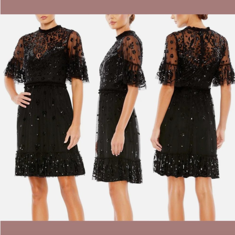 NWD $498 Mac‎ Duggal [ 2 ] Embellished Illusion High Neck Midi Dress Black #Q551